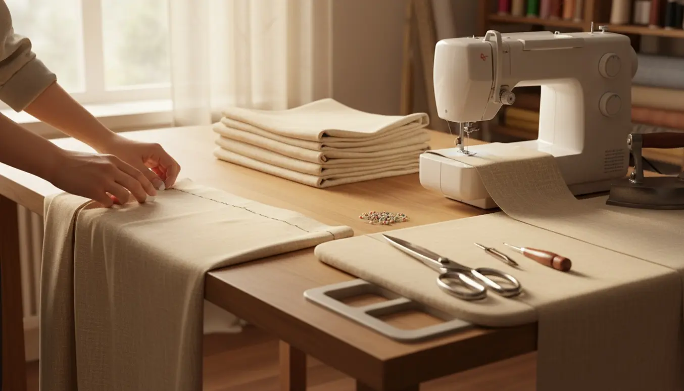 Hænder måler og syr en gardinkant ved en symaskine i et lyst sysværelse.