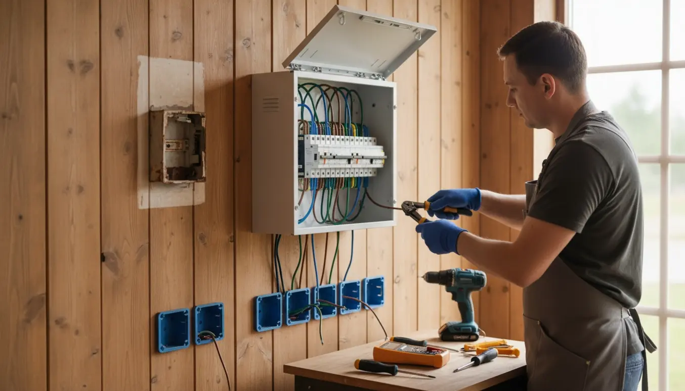 Elektriker monterer en ny eltavle i et lyst sommerhus med fem nye stikkontakter under installation.