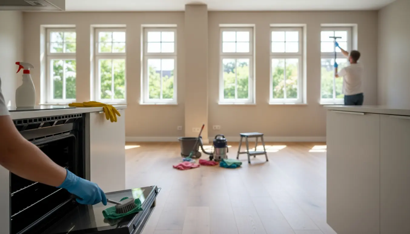 Nyistandsat lejlighed med rengøringsudstyr, åbent ovnrum og pudsede høje vinduer.