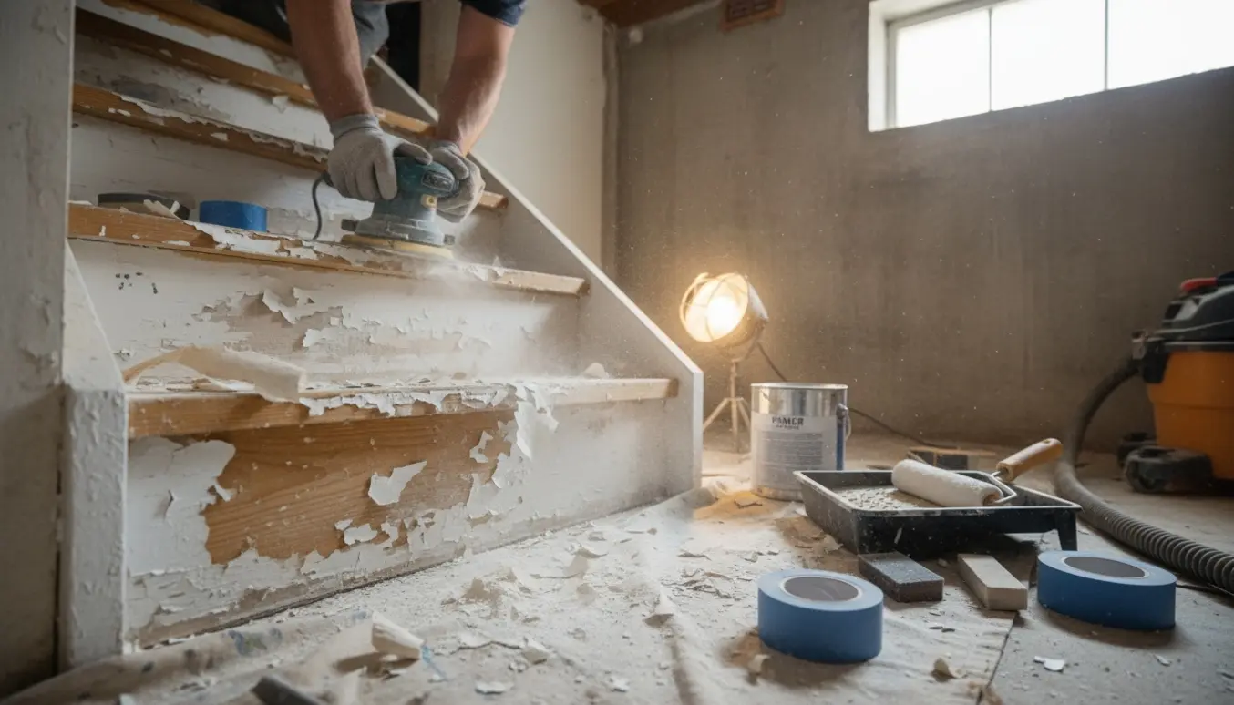 En kældertrappe under renovering med slebne trin og malerudstyr.