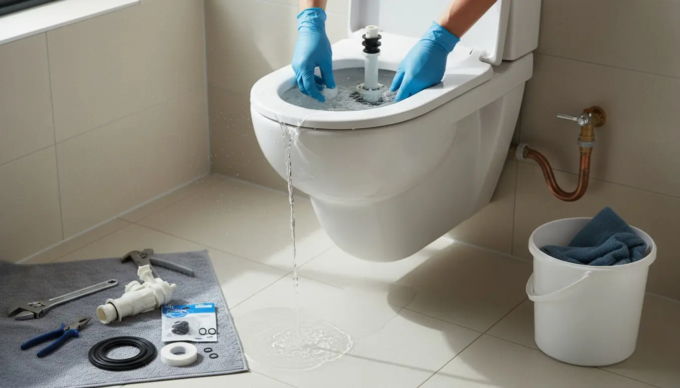 Åben toiletcisterne med vand, værktøj og reservedele ved siden af samt lukket stopventil.