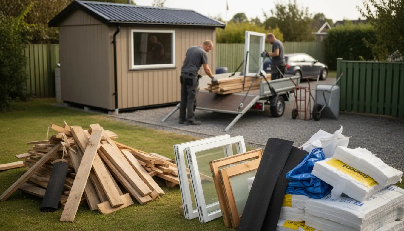 Bunker af byggeaffald fra skurvognsrenovering med træ, vinduer, tagpap og trailer klar til afhentning.
