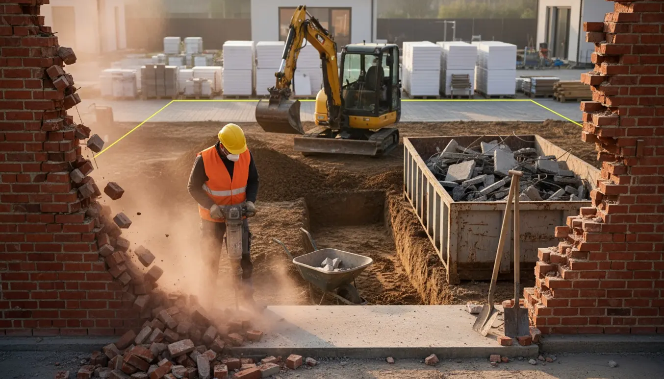 Nedrivning og udgravning med væltende mur, lufthammer, gravemaskine og container til beton.
