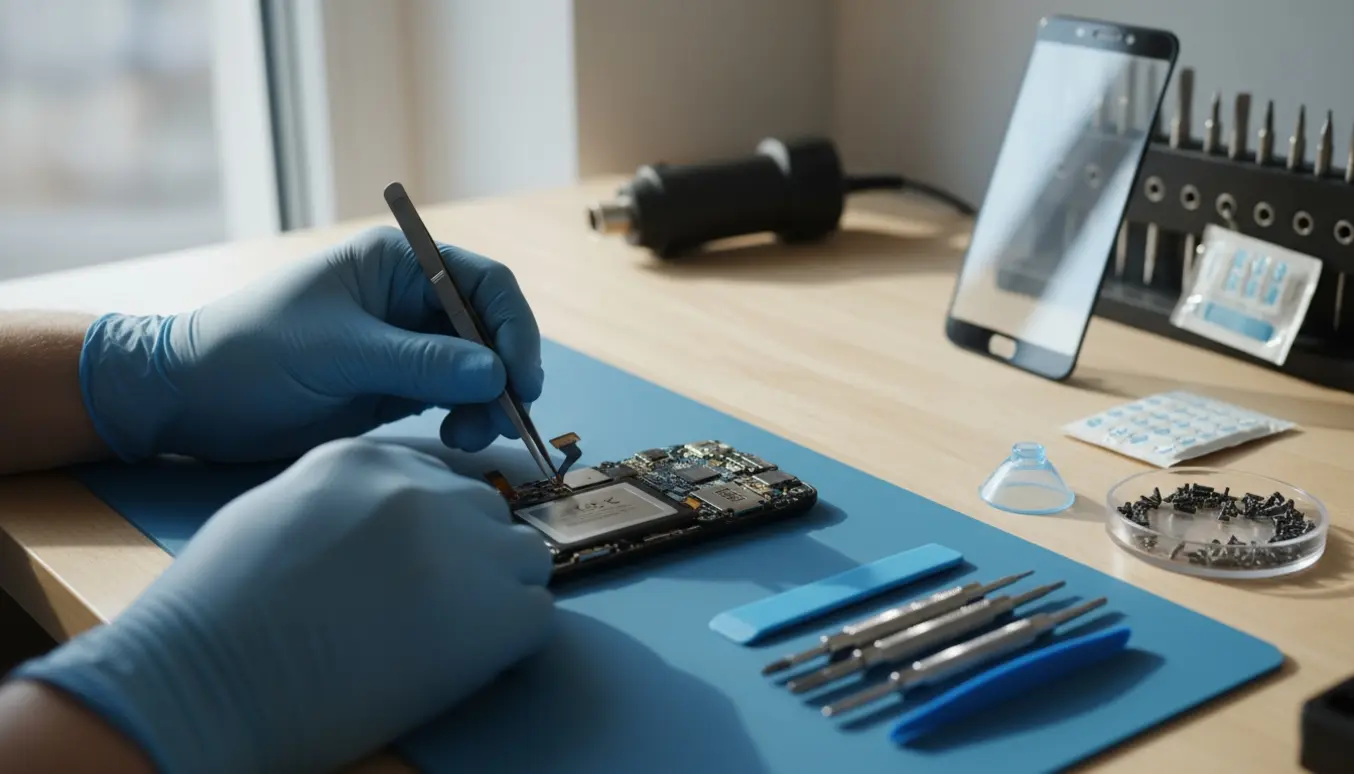 Hænder i nitrilhandsker reparerer en adskilt iPhone med præcisionsværktøj på et lyst træbord.