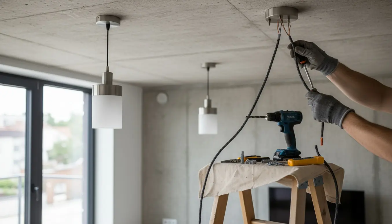 To pendellamper monteres i et betonloft, én får en ny længere ledning.