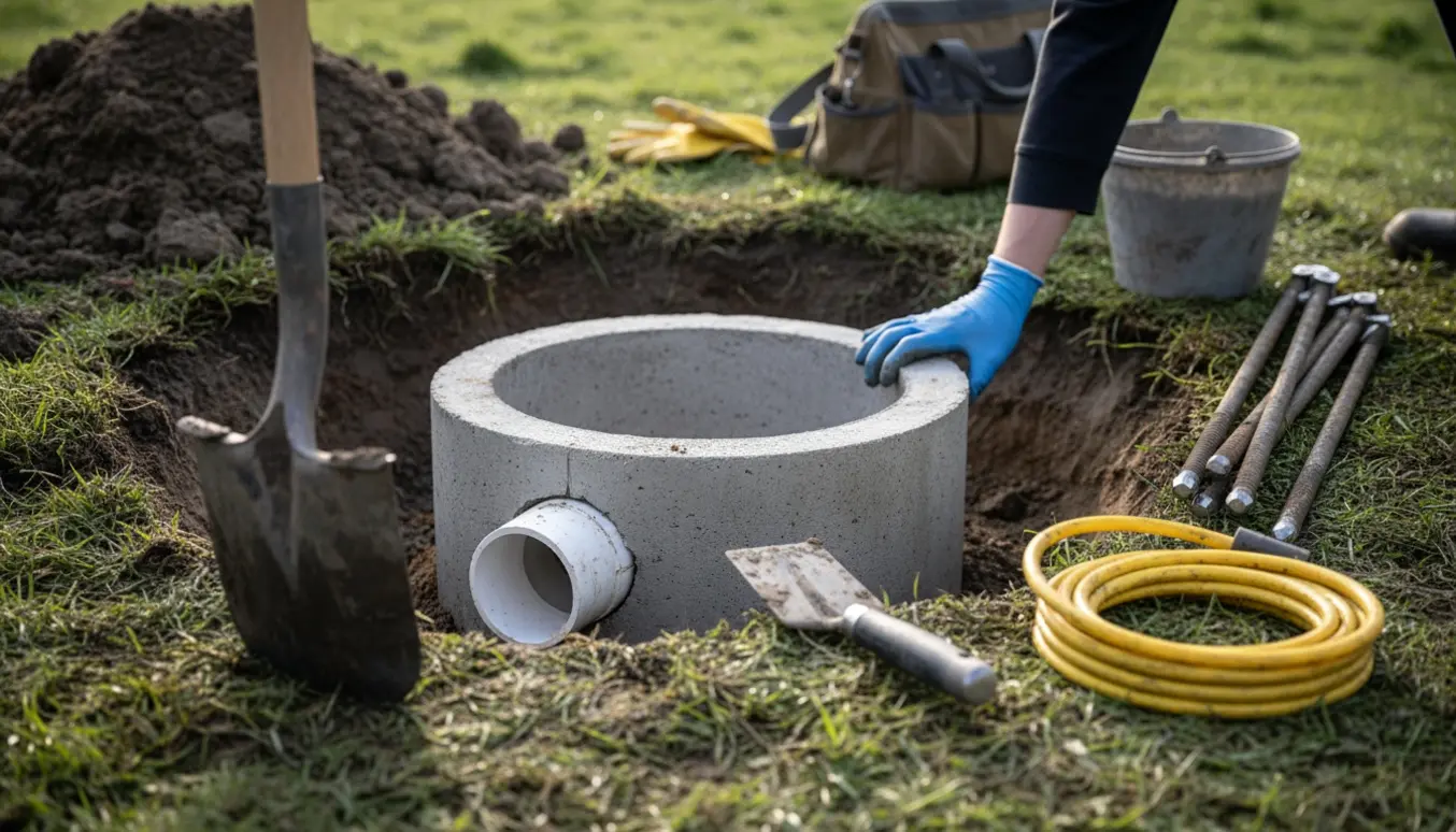 Udbgravet samlebrønd til toiletafløb med spade, håndskovl og sammenrullet afløbsslange.