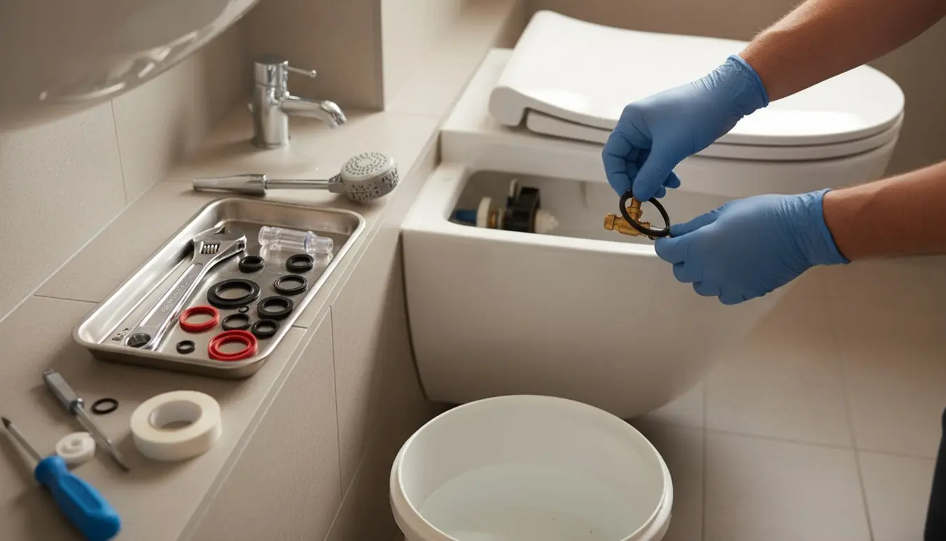 Hænder udskifter pakning i væghængt toilet med åben skjult cisterne i et lyst badeværelse.