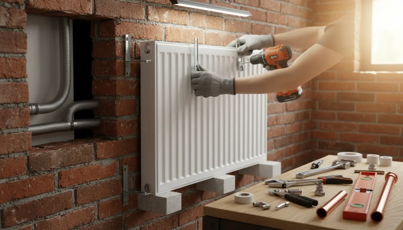Gloved hænder monterer en panelradiator på en murstensvæg i kælderen med værktøj og rør synlige.