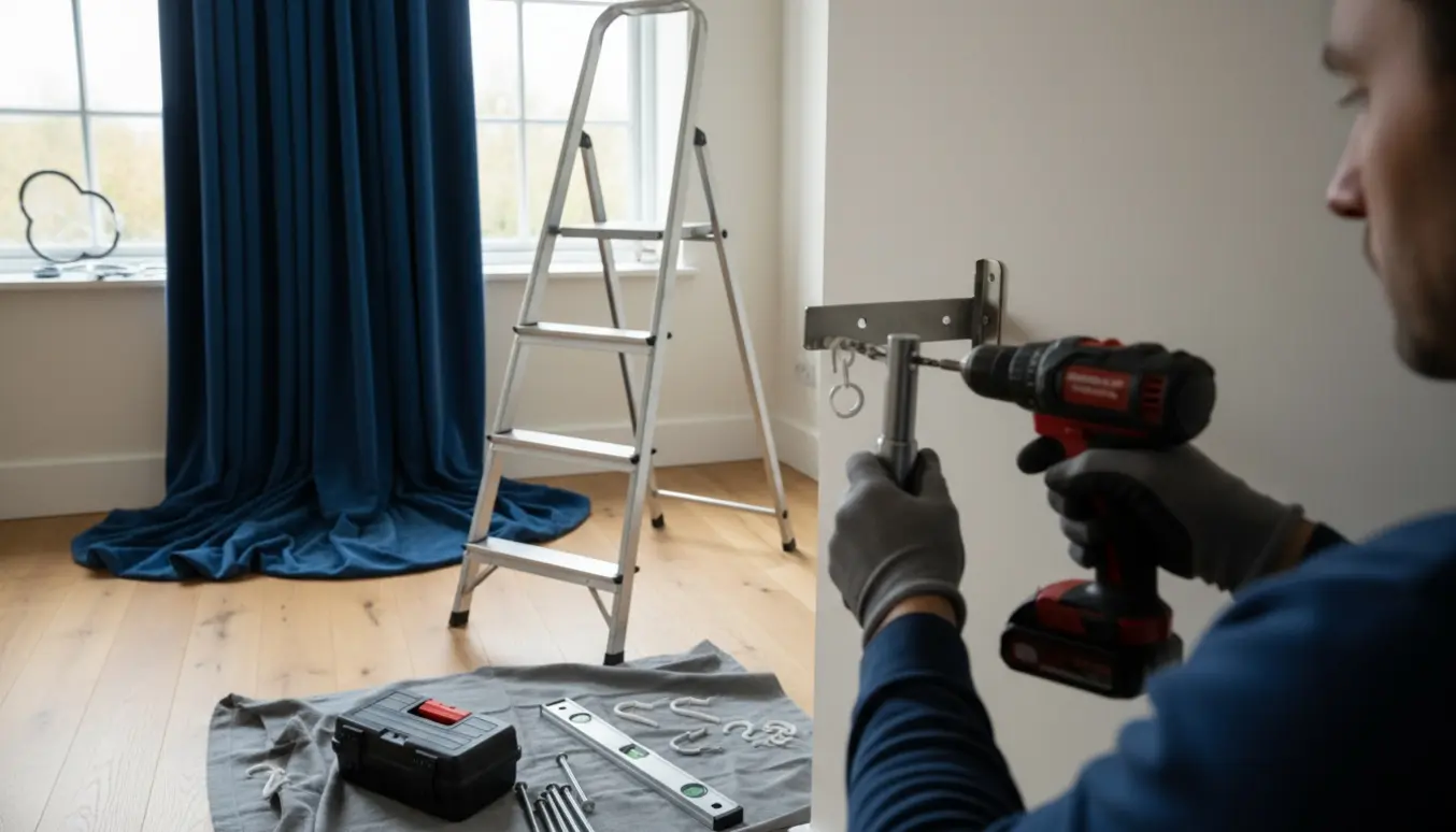 Person på stige monterer robust beslag til tunge gardiner tæt på et højt loft, mens et gardin ligger på gulvet.