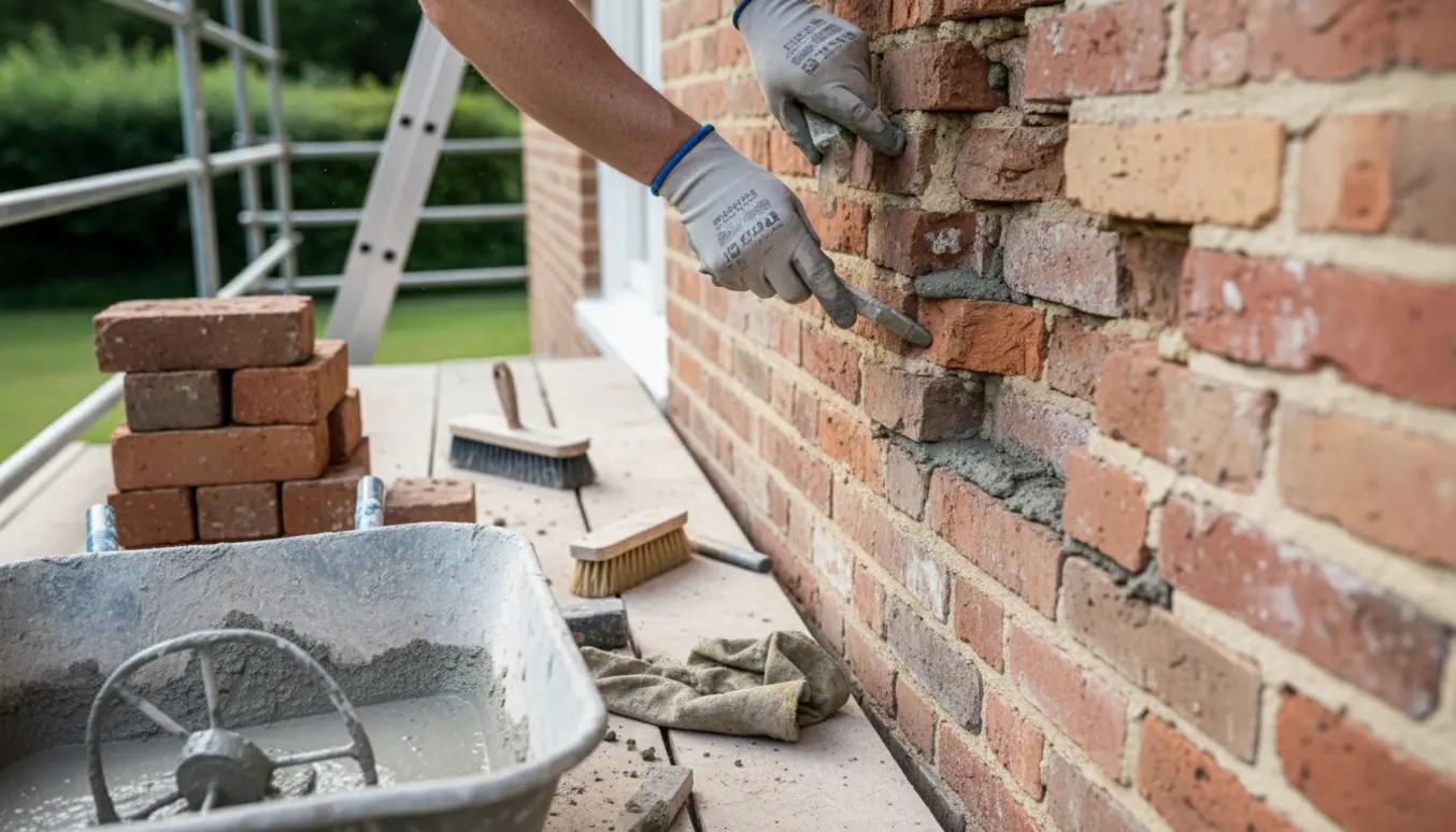 Murer arbejder med ny mørtel på en rød murstensfacade på en ældre villa.