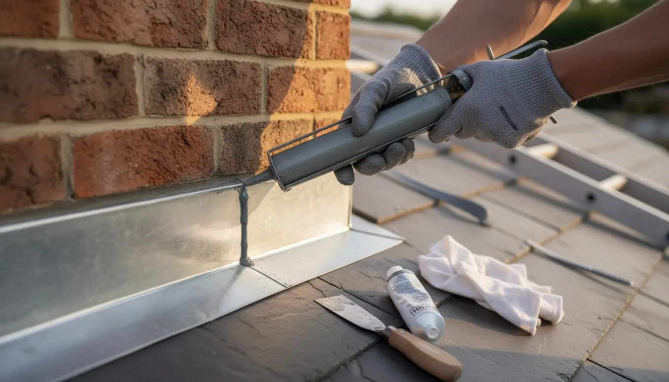 Nærbillede af fugearbejde ved zinkinddækning på en murstensskorsten med en fugepistol, der påfører ny tætningsmasse.