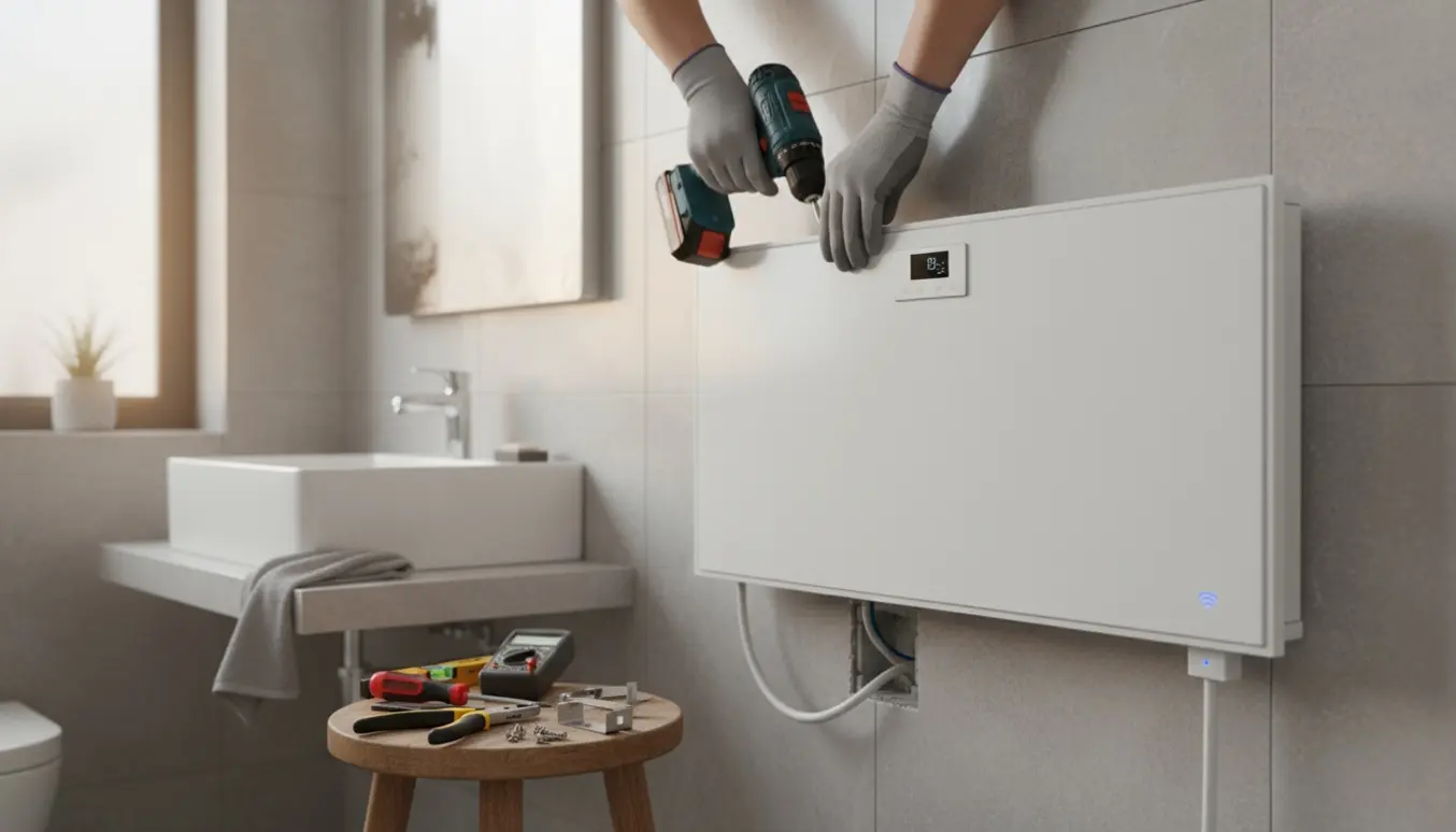 Elektrikerens hænder installerer en hvid væghængt elradiator i et moderne badeværelse.