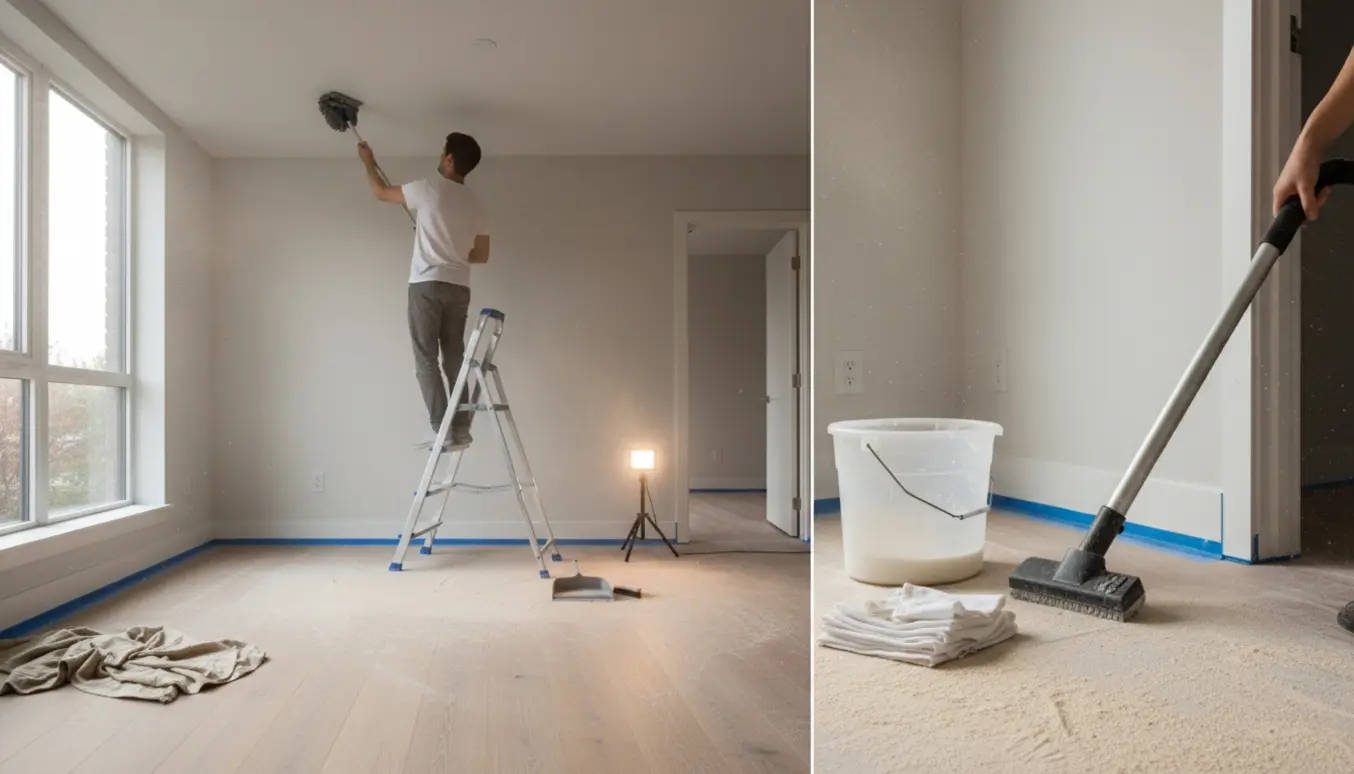 Person rengør vægge og loft i lejlighed efter gulvslibning med stige, støvsuger og mikrofiberklud.