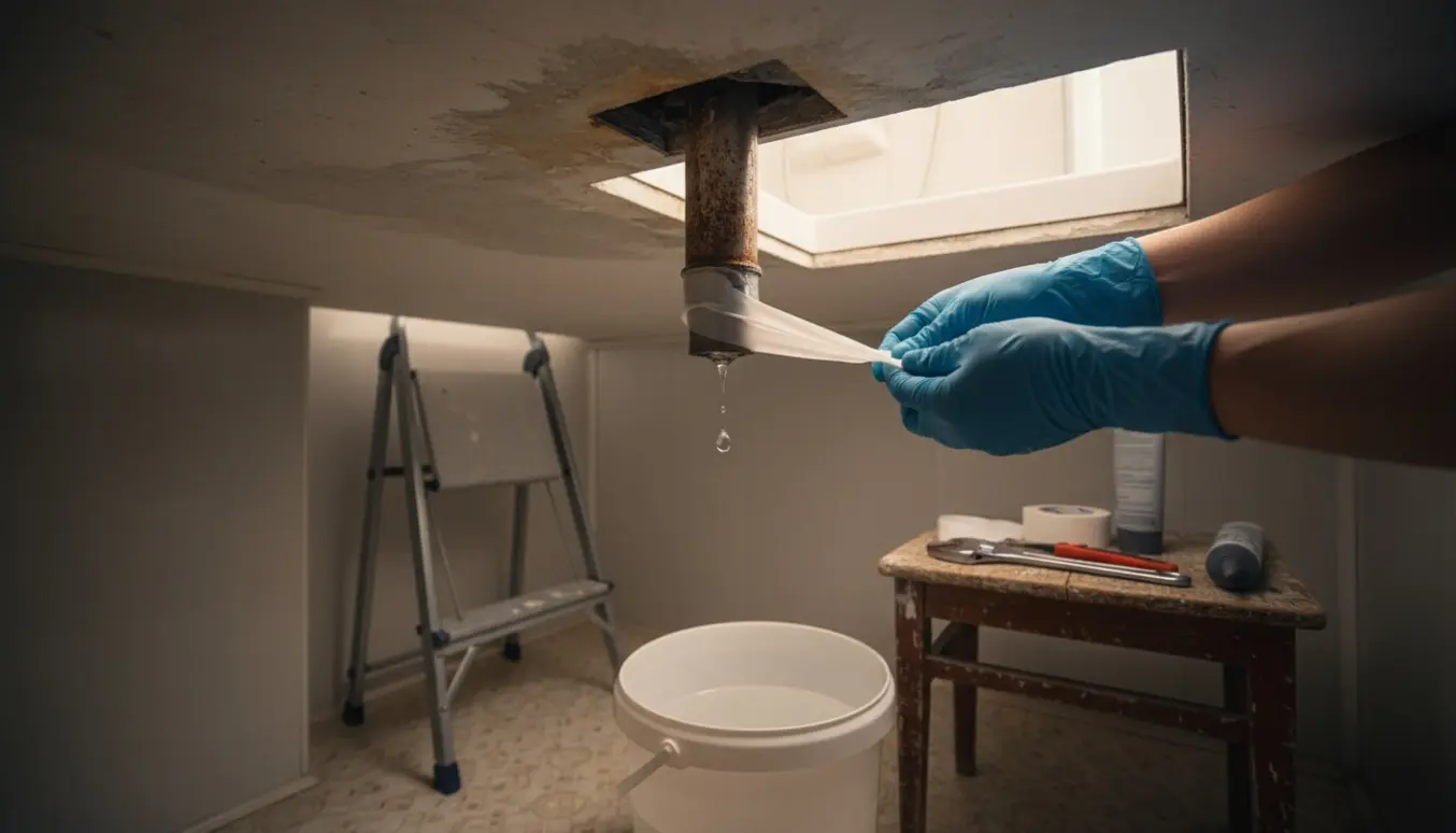 Et utæt metalrør i loftet over et toiletrum med dråber, spand og værktøj klar til reparation.