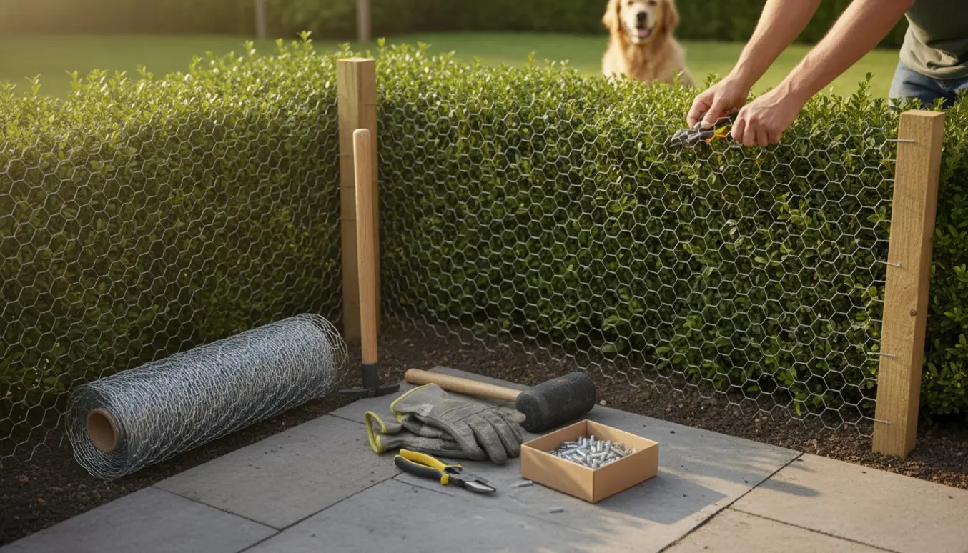 Hønsetråd monteres langs en hæk i en hjørnehave med værktøj i forgrunden og en lille hund i baggrunden.