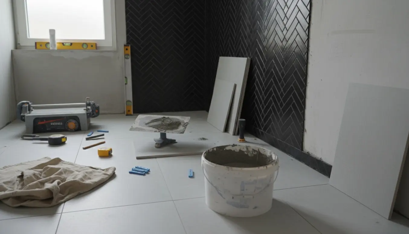 Delvist færdigt 5 m² badeværelse med 60x120 gulvfliser, sort sildebensbrusevæg og håndværktøj.