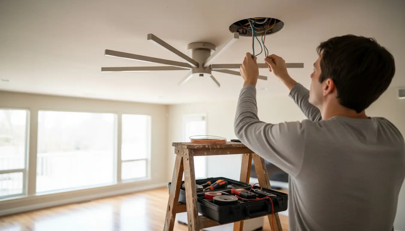 Hænder monterer en loftlampe fra en stige med værktøj og en ekstra ledningsrulle ved siden af.