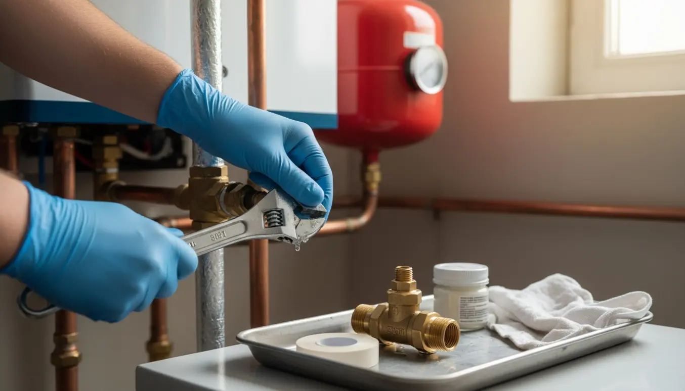 Tekniker skifter en messing sikkerhedsventil på et gasfyr med værktøj i et ryddeligt fyrrum.