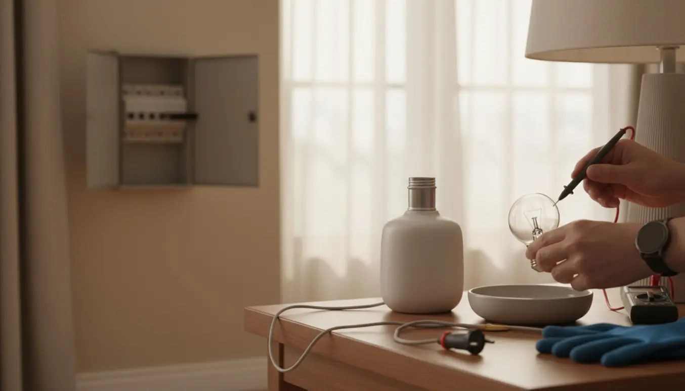 Hænder undersøger en bordlampe og en blæst pære foran et åbent sikringsskab.