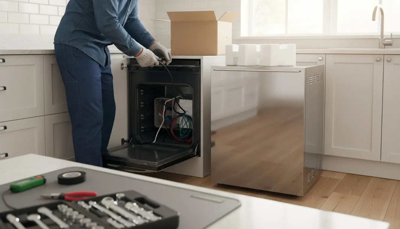 Håndværker uden synligt ansigt afmonterer gammel ovn og tilslutter en ny ovn i et lyst, moderne køkken.