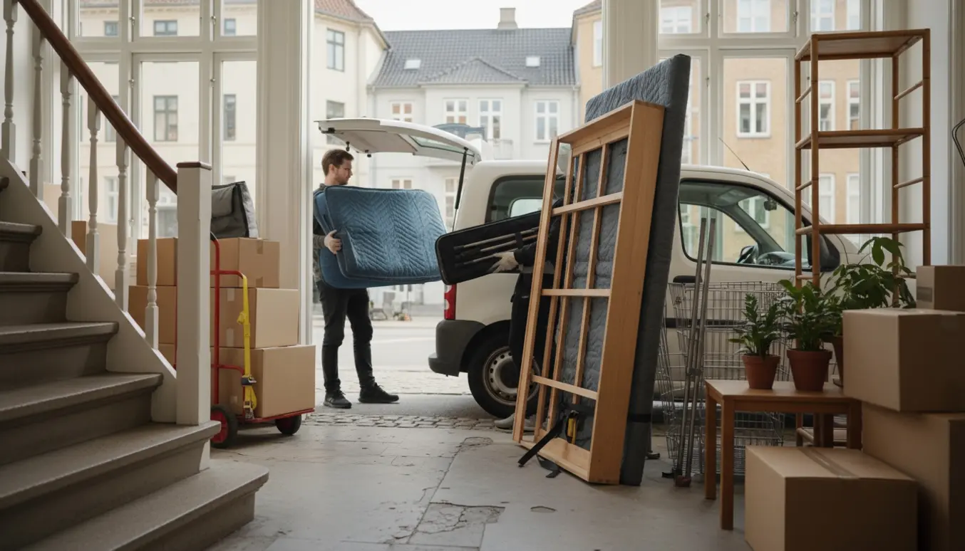 Møbler, kasser og planter læsses fra opgang ind i en flyttebil på en rolig københavnsk gade.