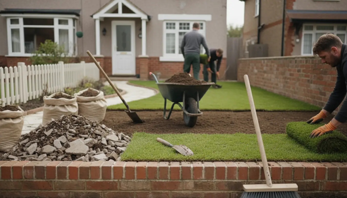 Forsidehave efter mindre byggeri, hvor jord klargøres og rullegræs lægges med skovl og trillebør.
