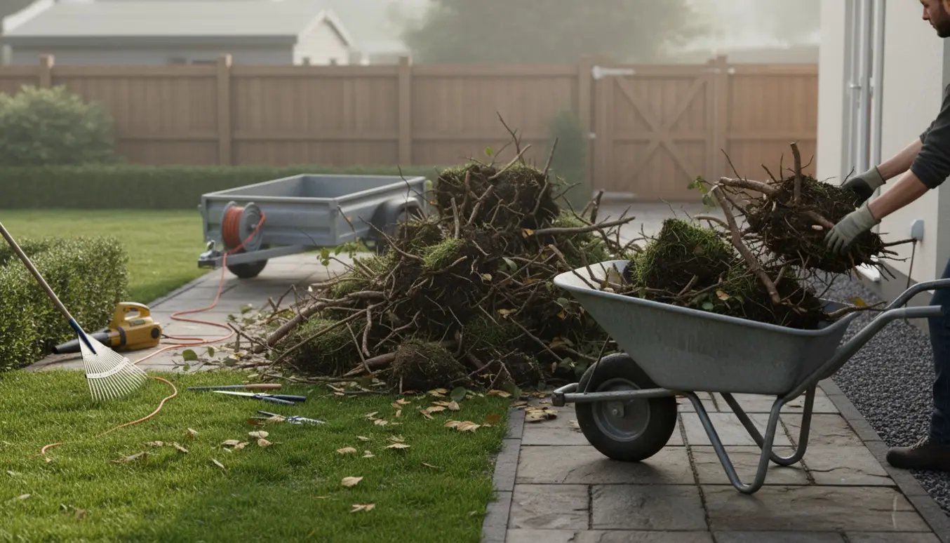 Bunke haveaffald ved en smal gangsti, en trillebør bliver fyldt med grene og græs.