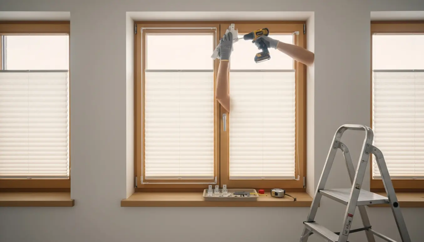 Trappestige, værktøj og hænder, der monterer up-and-down plisségardiner i tre vinduer i et lyst, moderne rum.