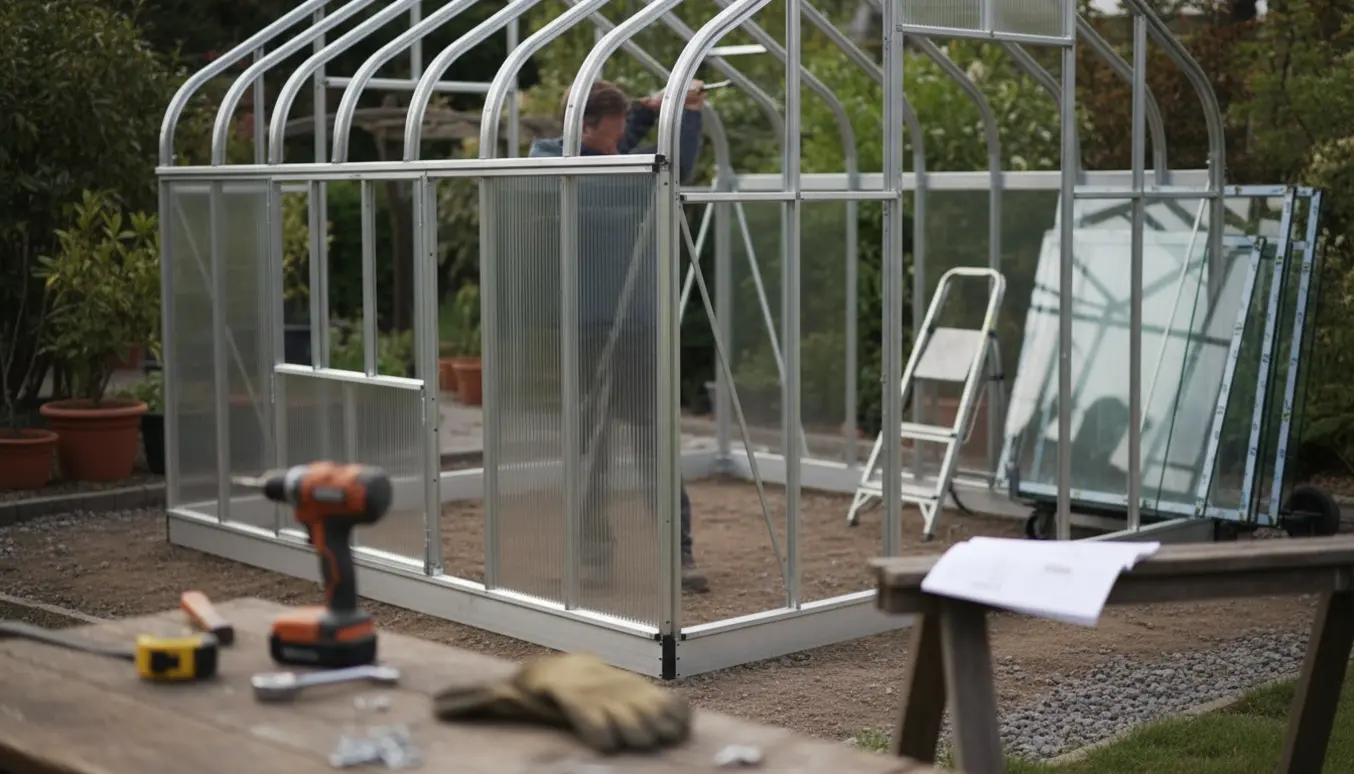 Delvist samlet aluminiumsdrivhus på forberedt jord med værktøj og stablede glasruder i haven.
