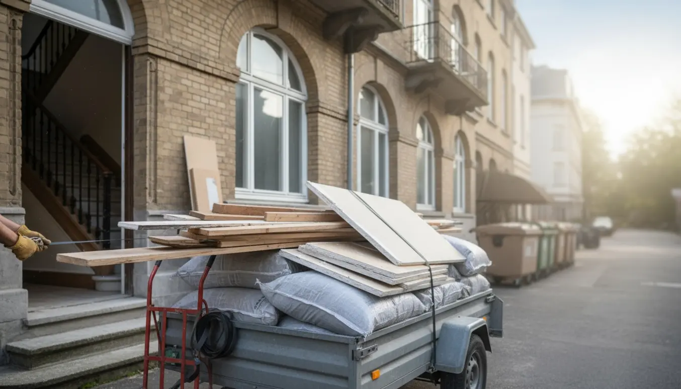 Traileren ved opgangen fyldt med byggeaffald som træ, gipsplader og sække med isolering klar til aflevering.
