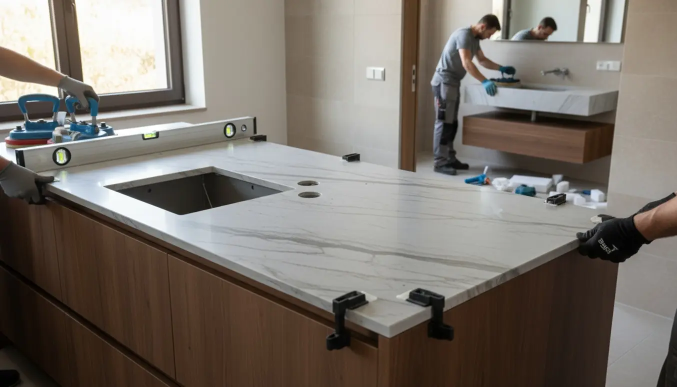 Installatører monterer en Dekton-bordplade i et lyst køkken, med en badeværelsesbordplade under tilpasning i baggrunden.