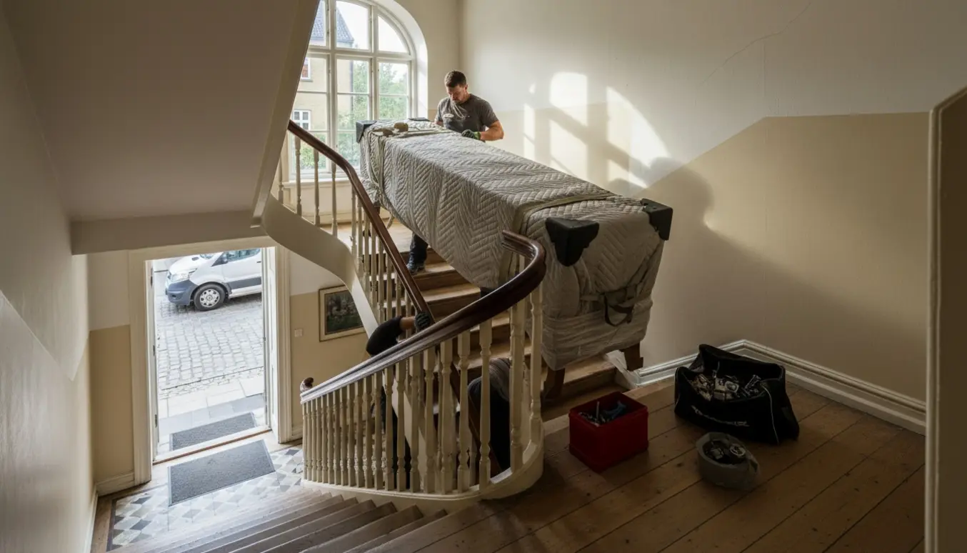 To flyttemænd bærer et langt spisebord op ad en smal trappe i en københavnsk lejlighed, med afmonterede ben og flyttebetræk.