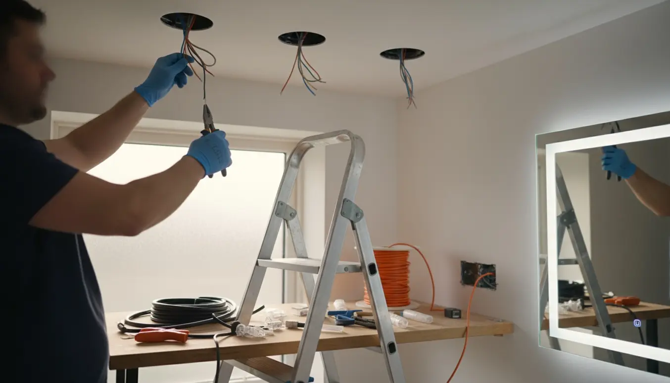 En elektriker forlæng­er lampeudtag og monterer en dåse i en stikkontakt til et nyt spejl med lys.