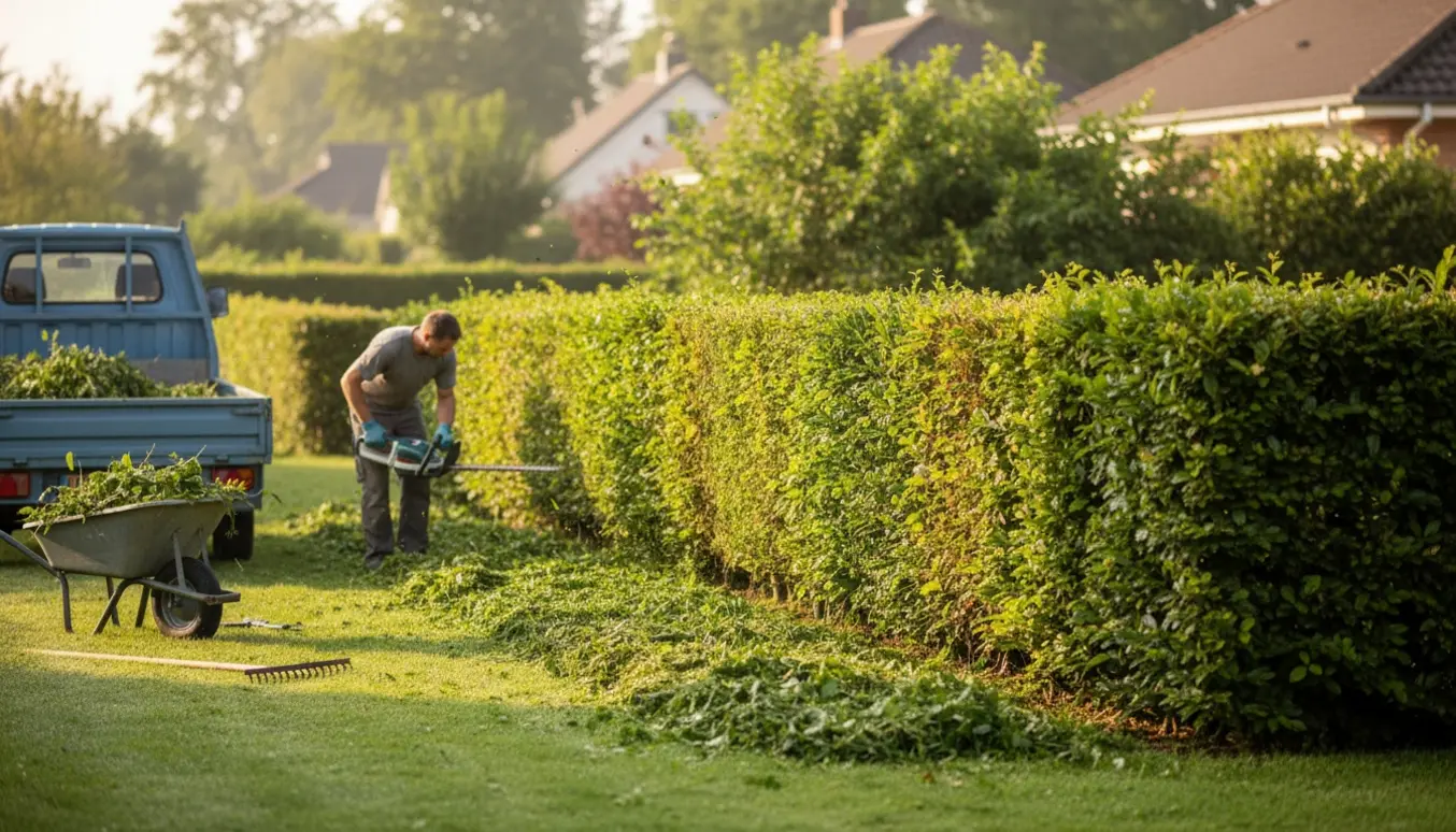Hækklipning langs en 100 meter grøn hæk med klippede grene samlet i trailer til bortkørsel.
