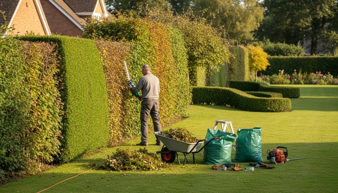 Person klipper en lang bøgehæk med el-hækklipper, mens afklip samles i en trillebør.