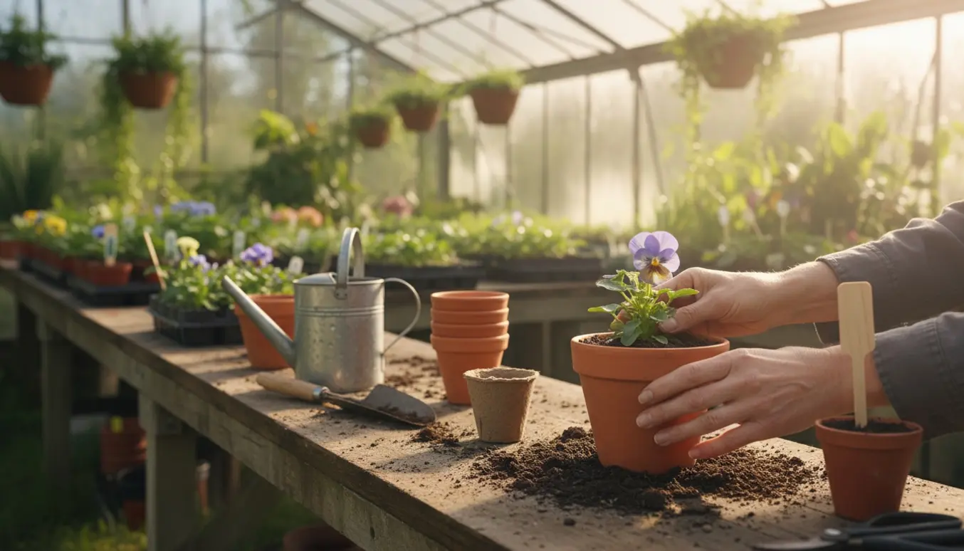 Hænder planter en lille blomsterplante i en lerpotte i et soloplyst drivhus.