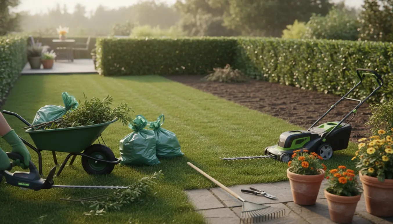 Nyskåret græs, nyklippet hæk og trillebør med haveaffald klar til afhentning.