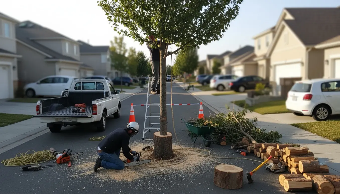 Et mindre træ fældes på en lukket villavej med sav, reb og stablet brænde ved kantstenen.