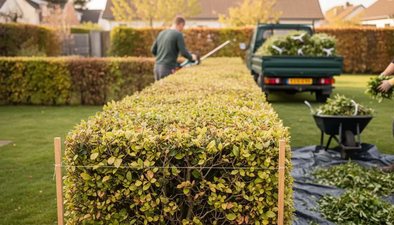 Bøgehæk trimmes til 1,8 m højde med hækkeklipper, mens hækaffald samles til bortkørsel.