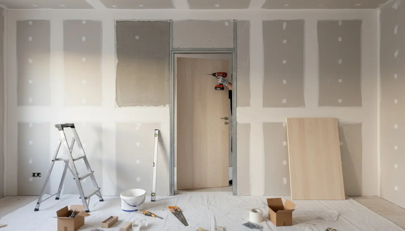 Gipsvæg med halvmonteret dør og værktøj i et rum under renovering.