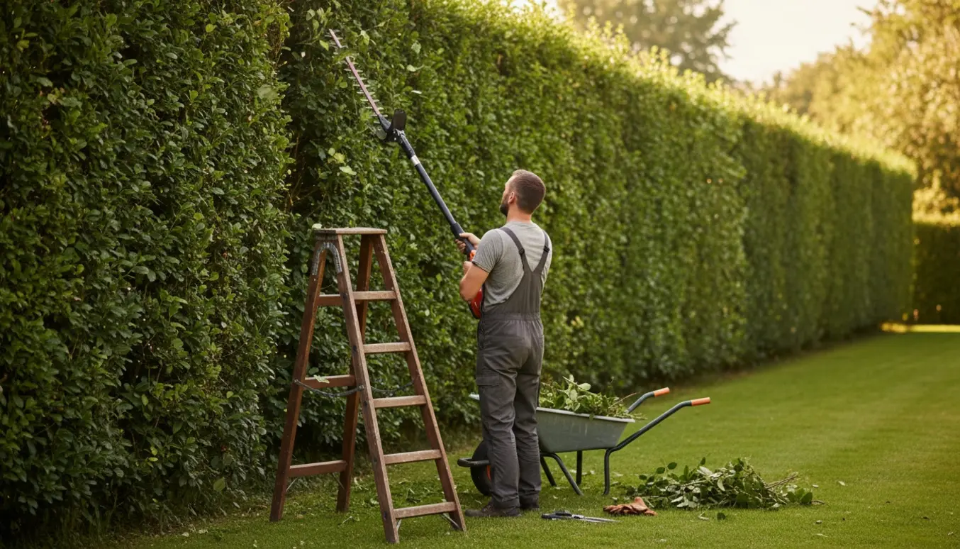 Lang hæk i baghaven bliver klippet med teleskophækkeklipper og stige, med friske afklip og værktøj i forgrunden.