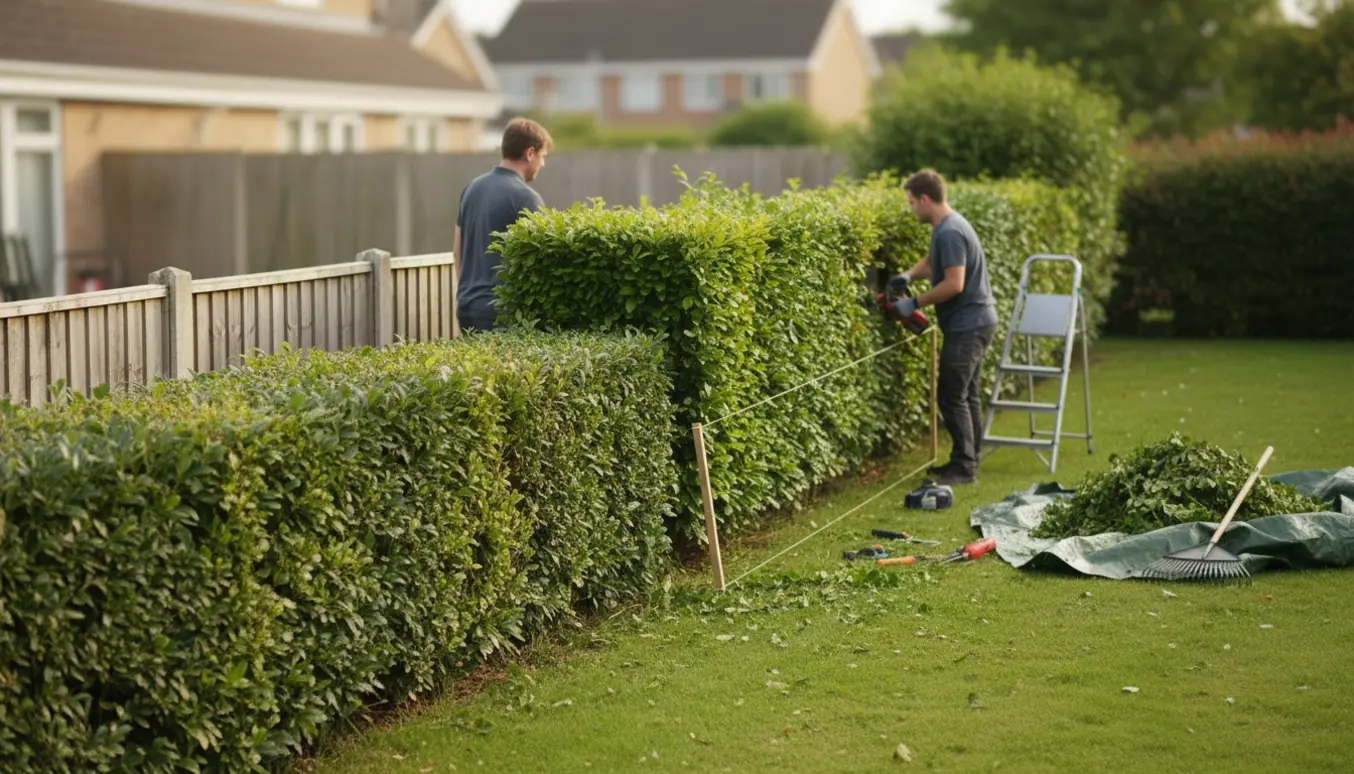 Hækkeklipning langs grundskel med liguster- og bøgehæk, hækkeklipper og opsamlede afklip på en presenning.