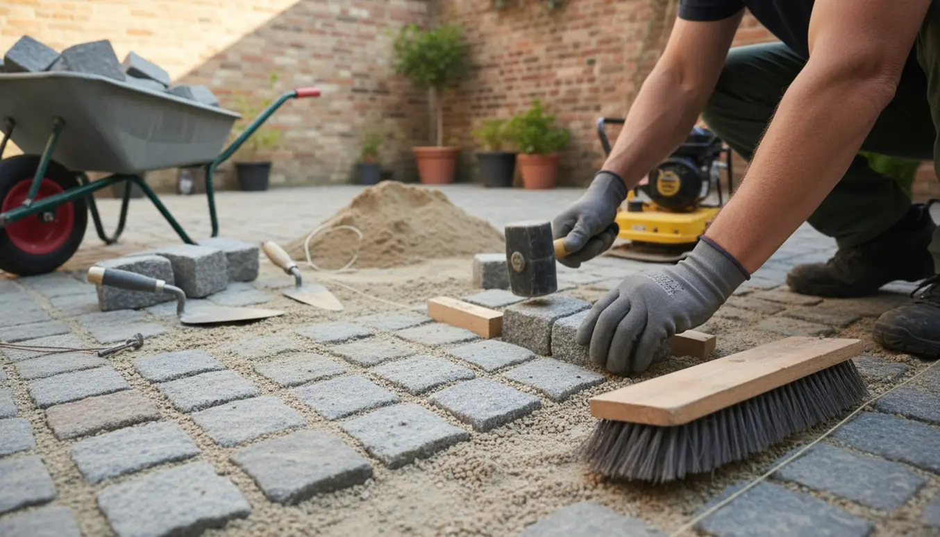 Nærbillede af lægning af brosten på en lille flade med sand, sten og værktøj.