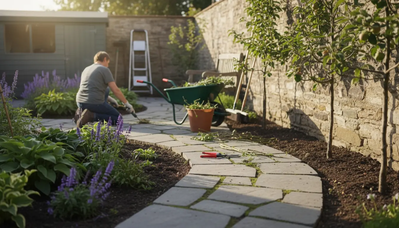 Forhave under vedligeholdelse med ukrudtsrensning mellem fliser, oprydning i bede og beskæring af to små æbletræer.