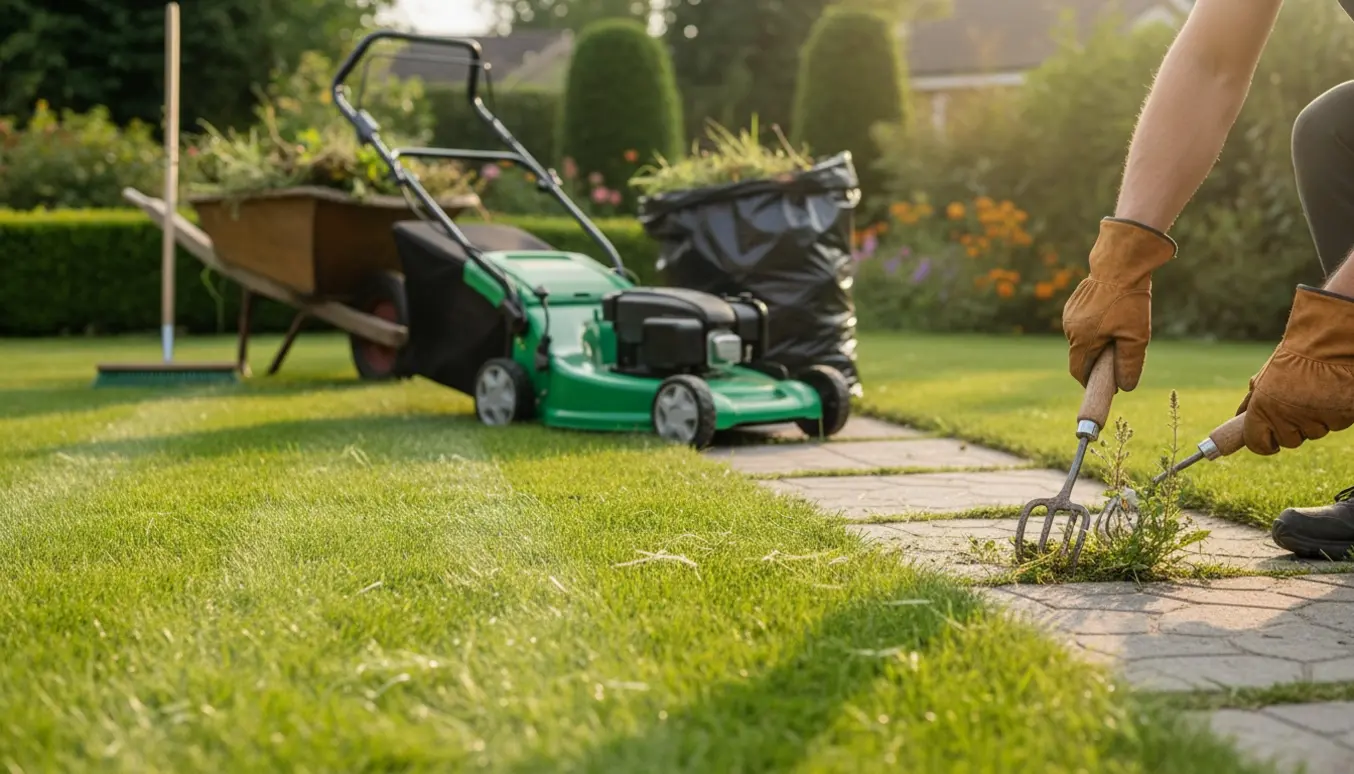 Nyslået græs med haveredskaber og en person, der fjerner ukrudt fra fortovet.