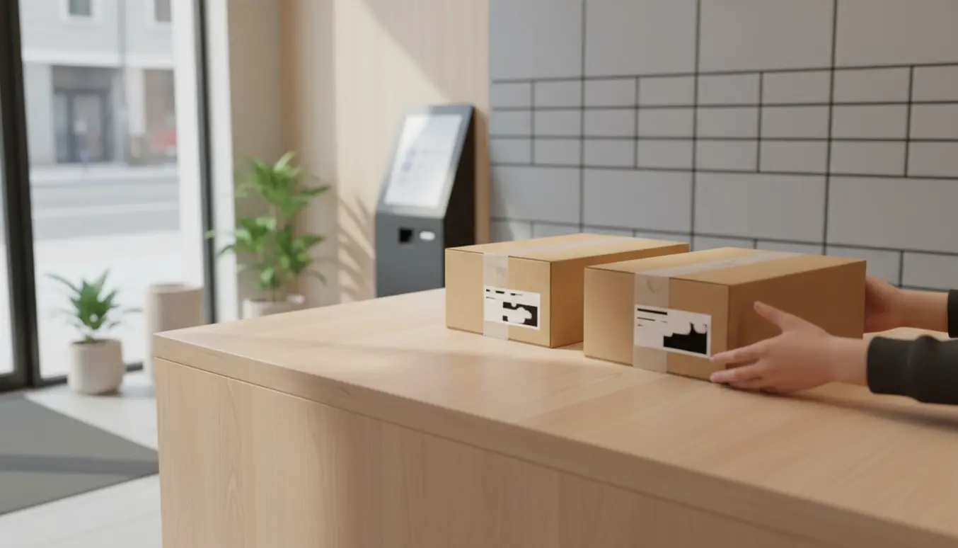 To pakker overgives ved disken i en moderne pakkeshop, kun hænder og pakker er tydelige.