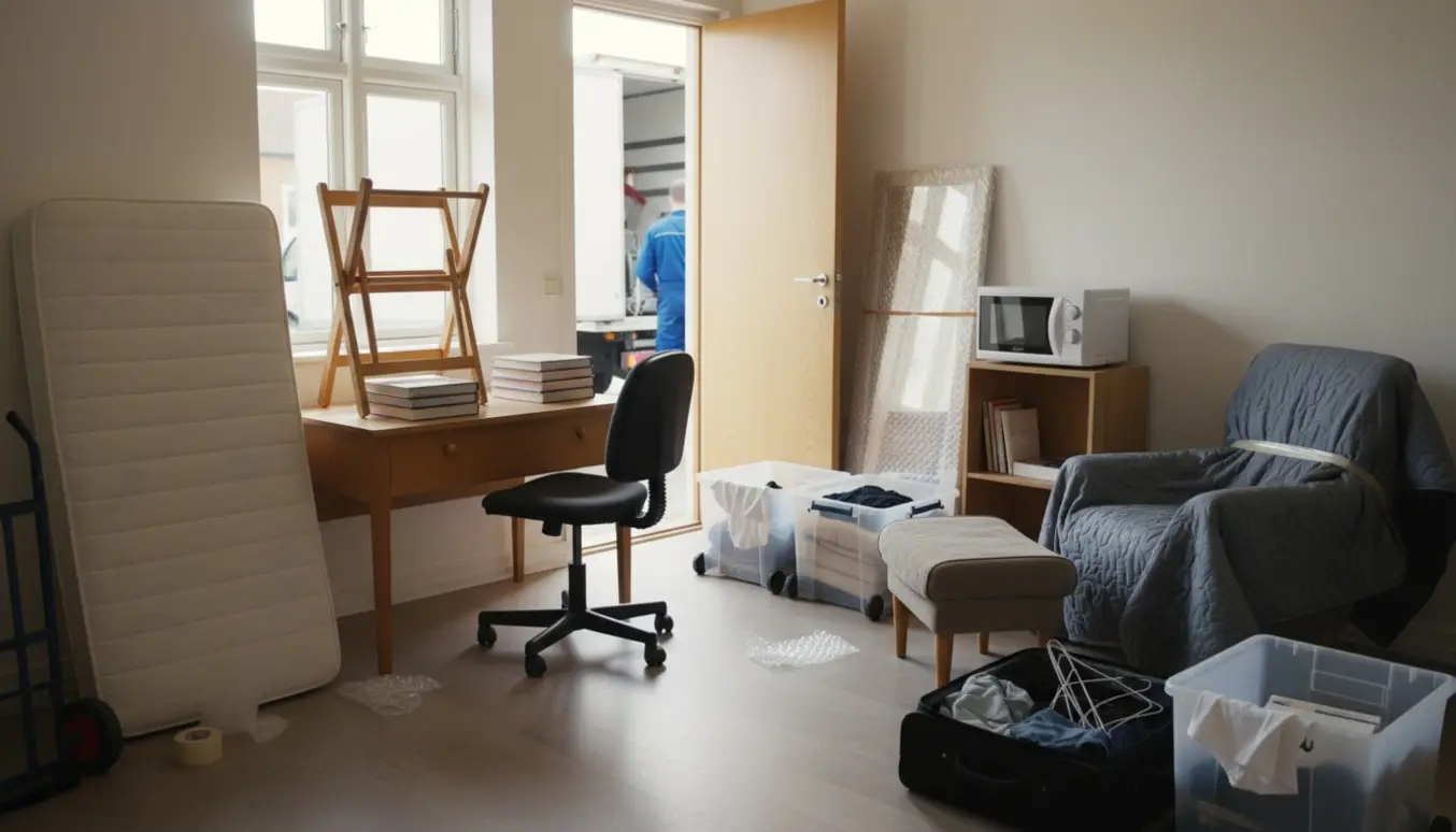 Et kollegieværelse pakket til flytning med seng, skrivebord, møbler, mikroovn, tøj og tre rullekasser ved døren.