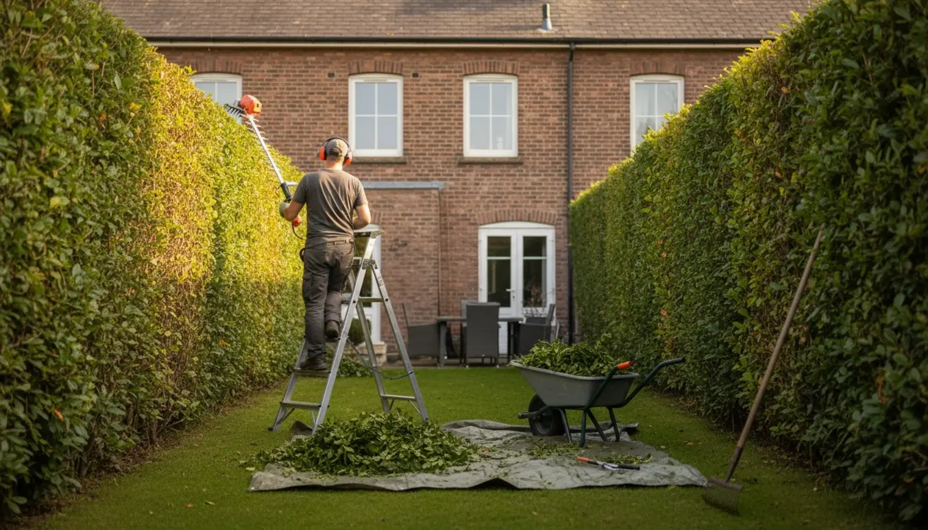 Person set bagfra klipper en høj hæk omkring et rækkehus have med en lang hækkeklipper, og afklip ligger i bunker på græsset.