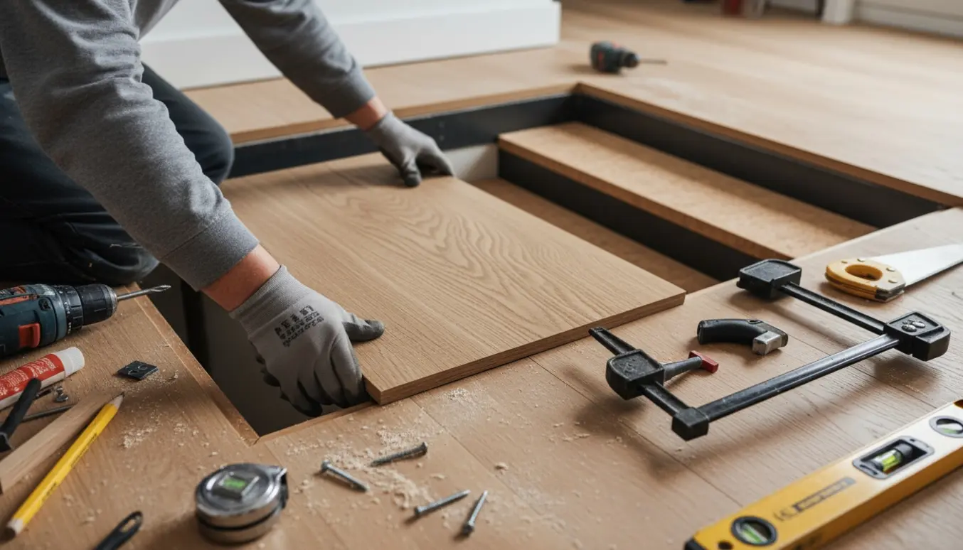 Nærbillede af hænder, der monterer en modultrappe og lægger gulvbrædder på et smalt repos.