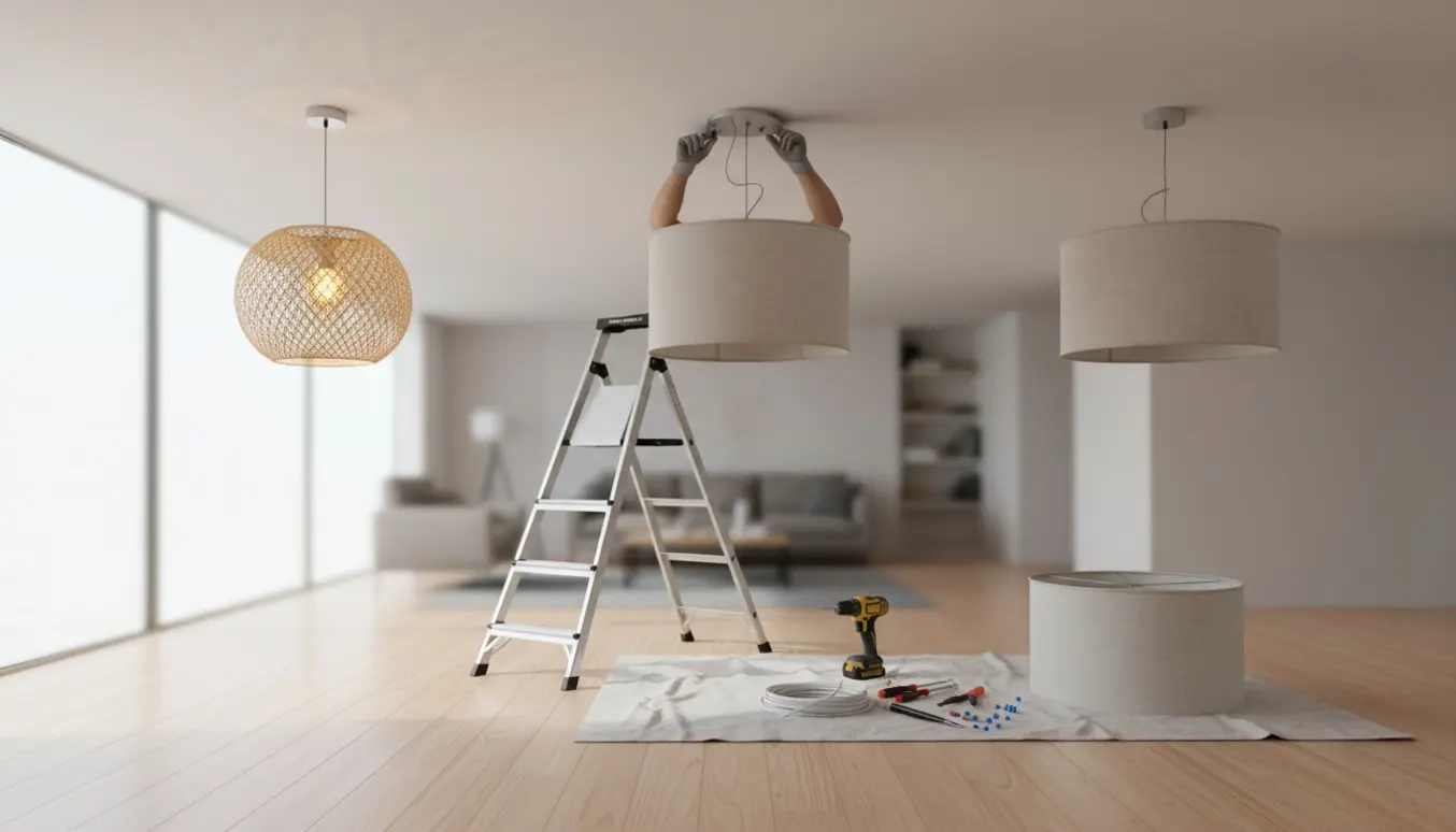 Hænder på en stige monterer en loftlampe, mens to andre lamper og værktøj ligger klar.